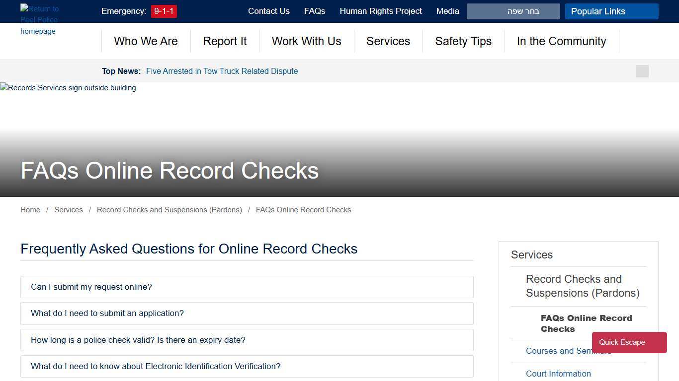 FAQs Online Record Checks - Peel Regional Police